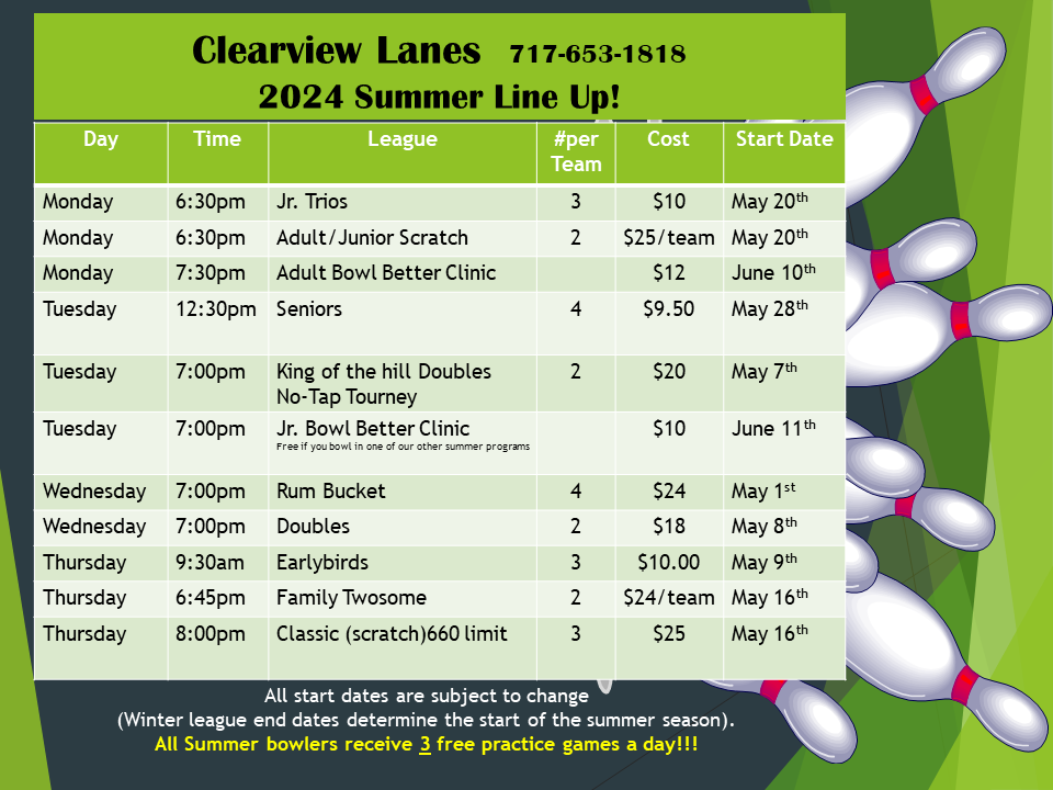 Summer 2024 Bowling Leagues Clearview Lanes